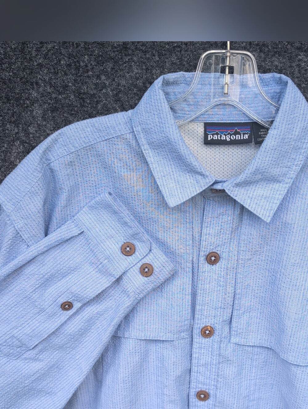 Vtg Patagonia Tropical Shirt Medium Blue Seesucker Long Sleeve Button Up Fish
